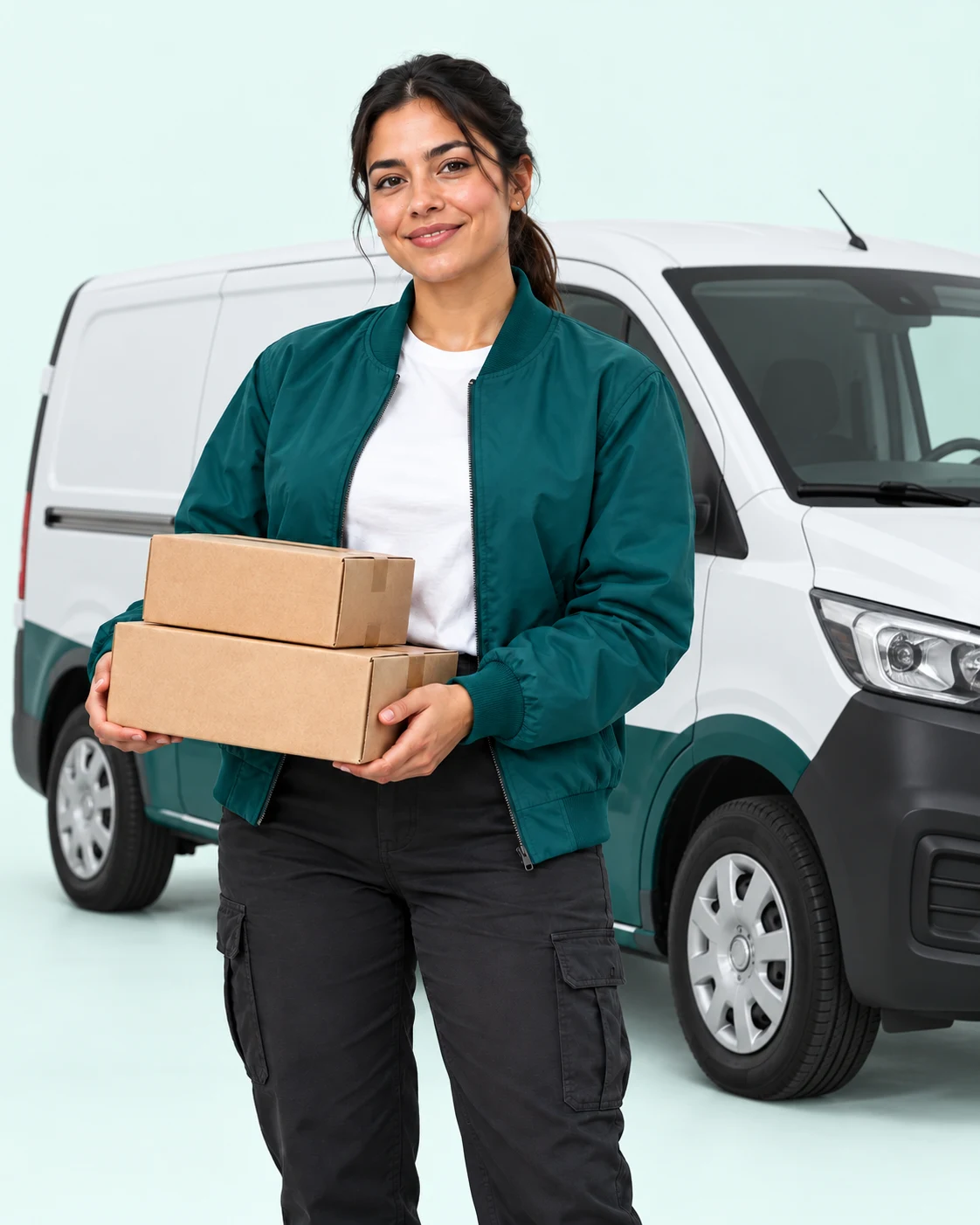 Imagen conceptual de una repartidora con paquetes y una van compacta de carga